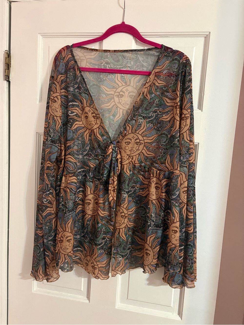 SHEIN Teal and Tan Sun Print V-Neck Blouse